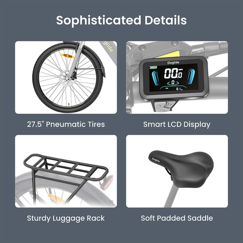 Eleglide T2 Electric Bike, 250W Motor, 36V 13Ah Battery, 27.5*2.1 inch Tire, 25km/h Max Speed, 100km Max Range, Hydraulic Disc Brakes, Suspension Fork with Lockout, Shimano 7-Speed, LCD Display, App Control
