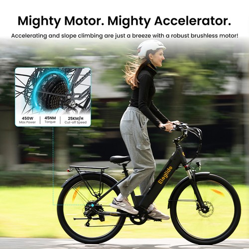 Eleglide T2 Electric Bike, 250W Motor, 36V 13Ah Battery, 27.5*2.1 inch Tire, 25km/h Max Speed, 100km Max Range, Hydraulic Disc Brakes, Suspension Fork with Lockout, Shimano 7-Speed, LCD Display, App Control