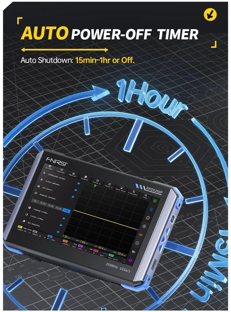 Oscilloscope 4-en-1 pour tablette FNIRSI DPOS350P, échantillonnage 1 Géch./s, générateur de signaux 50 MHz, analyseur de spectre, écran tactile 7 pouces, charge rapide QC18 W - Prise UE