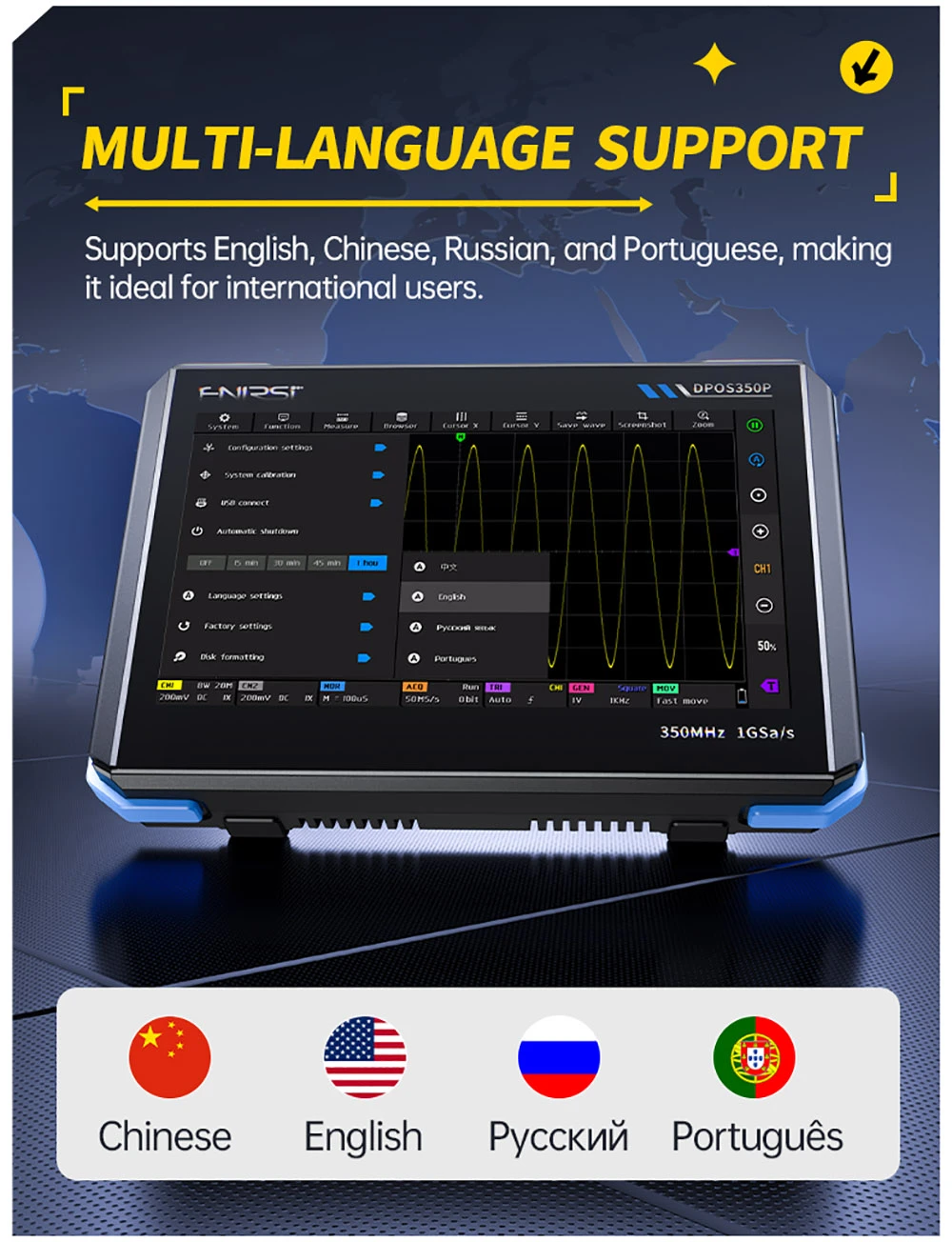 Oscilloscope 4-en-1 pour tablette FNIRSI DPOS350P, échantillonnage 1 Géch./s, générateur de signaux 50 MHz, analyseur de spectre, écran tactile 7 pouces, charge rapide QC18 W - Prise UE