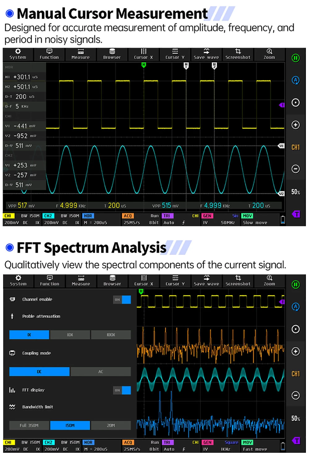Oscilloscope 4-en-1 pour tablette FNIRSI DPOS350P, échantillonnage 1 Géch./s, générateur de signaux 50 MHz, analyseur de spectre, écran tactile 7 pouces, charge rapide QC18 W - Prise UE
