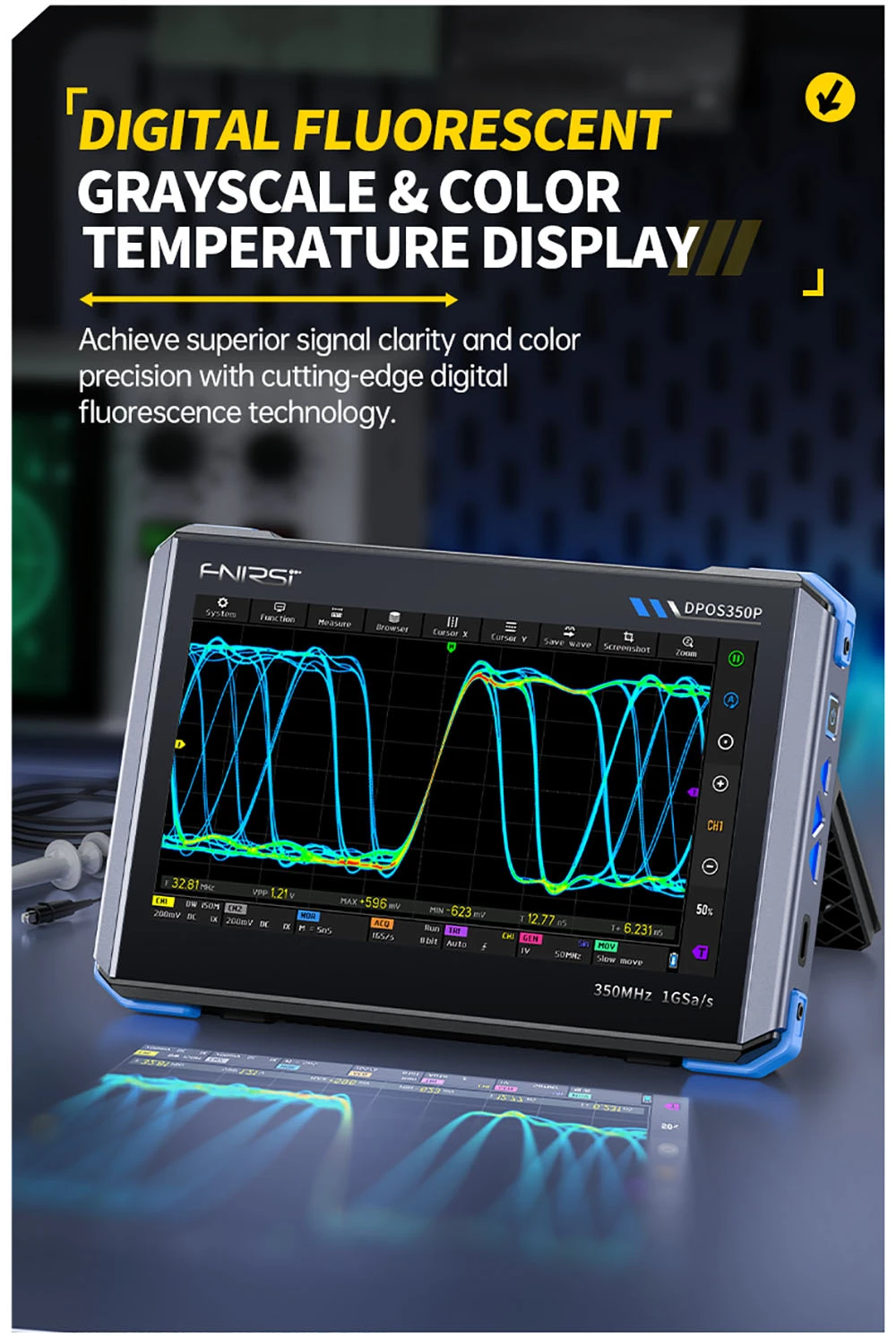 Oscilloscope 4-en-1 pour tablette FNIRSI DPOS350P, échantillonnage 1 Géch./s, générateur de signaux 50 MHz, analyseur de spectre, écran tactile 7 pouces, charge rapide QC18 W - Prise UE