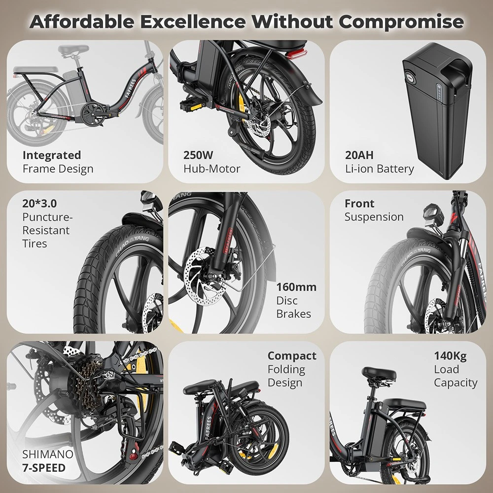Fafrees F20+ Folding Electric Bike, 250W Motor, 36V 20Ah Battery, 20*3.0 inch Tires, 25km/h Max Speed, 90km Max Range, Disc Brakes, Front Suspension, Shimano 7-speed - Black