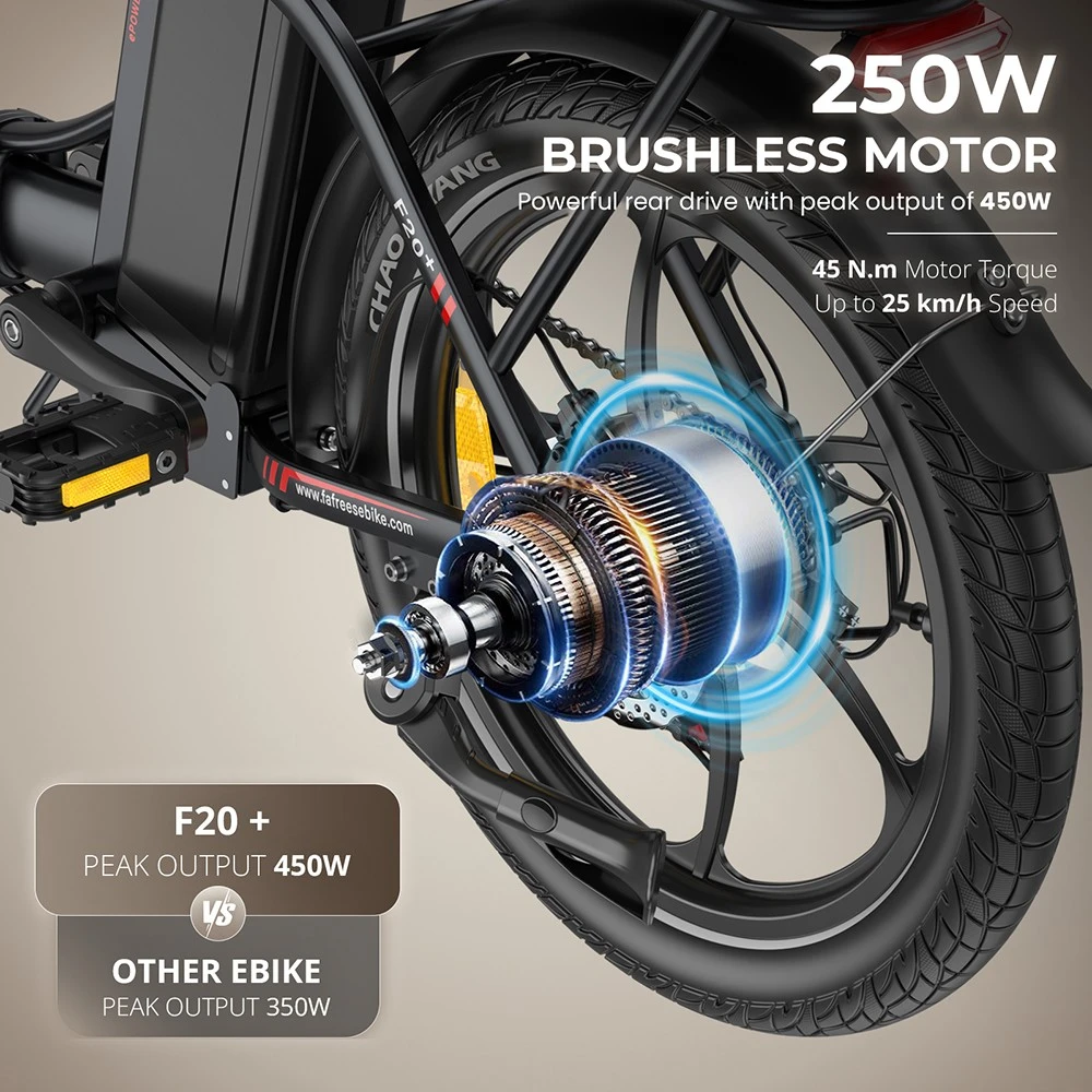 Fafrees F20+ Folding Electric Bike, 250W Motor, 36V 20Ah Battery, 20*3.0 inch Tires, 25km/h Max Speed, 90km Max Range, Disc Brakes, Front Suspension, Shimano 7-speed - Black