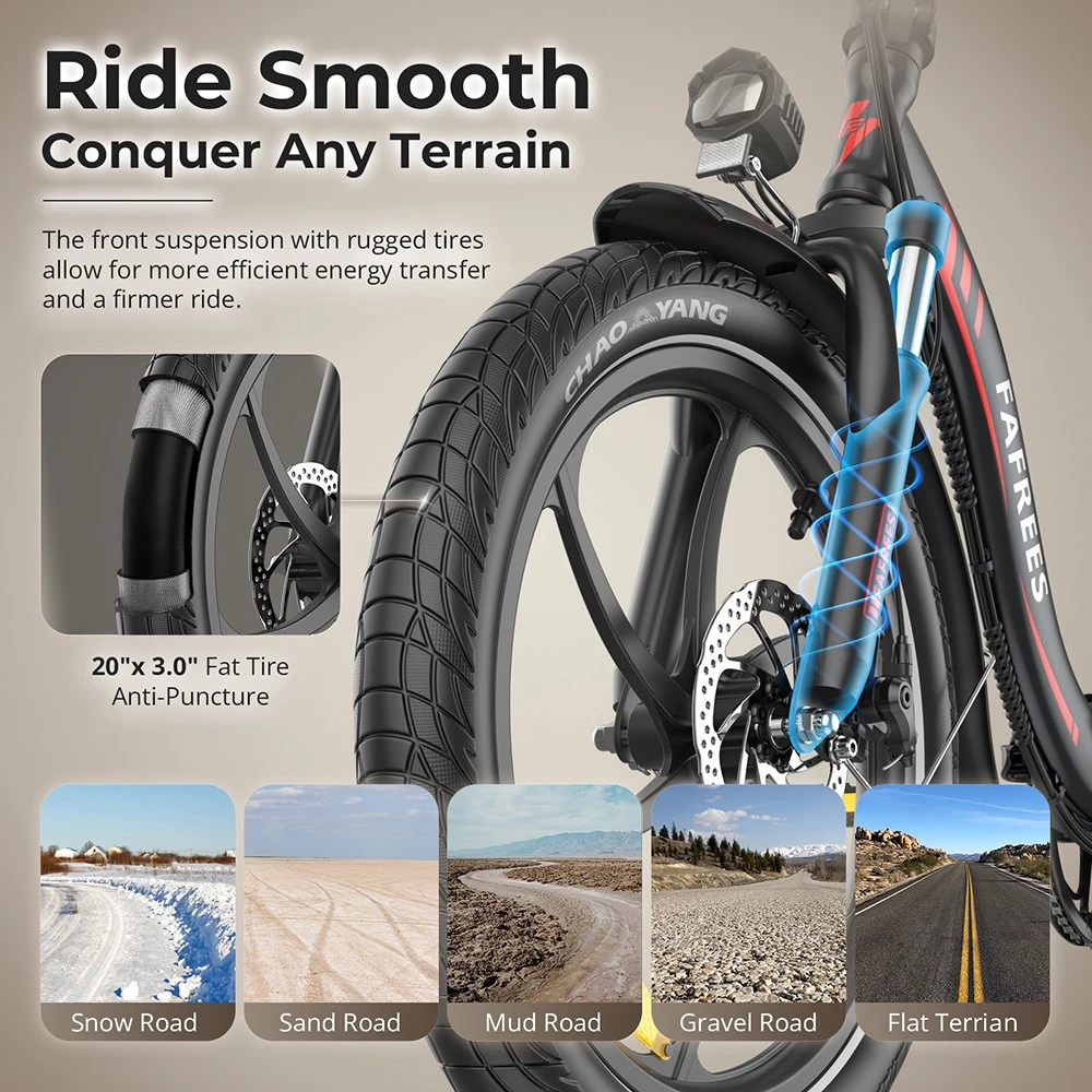 Fafrees F20+ Folding Electric Bike, 250W Motor, 36V 20Ah Battery, 20*3.0 inch Tires, 25km/h Max Speed, 90km Max Range, Disc Brakes, Front Suspension, Shimano 7-speed - Black