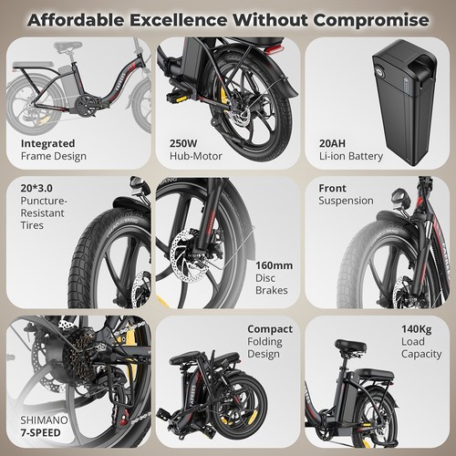Vélo électrique pliable Fafrees F20+, moteur 250 W, batterie 36 V 20 Ah, pneus 20 x 3 pouces, vitesse maximale 25 km/h, autonomie maximale 90 km, freins à disque, suspension avant, transmission Shimano 7 vitesses - Gris
