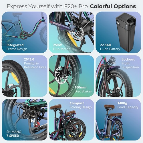 Vélo électrique pliable Fafrees F20+ Pro, moteur 250 W, batterie 36 V 22,5 Ah, pneus 20 x 3 pouces, vitesse maximale 25 km/h, autonomie maximale 100 km, freins à disque, suspension avant, Shimano 7 vitesses - Nebula Teal