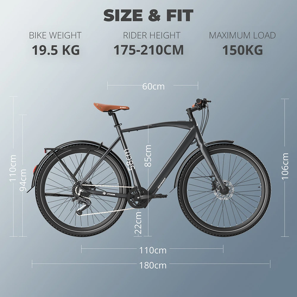 Fafrees F700M Electric Bike, 250W Motor, 36V 10Ah Battery, 700*42C Tires, 25km/h Max Speed, 100km Max Range, Hydraulic Disc Brakes, Torque Sensor, SHIMANO CUES 9-speed - Black