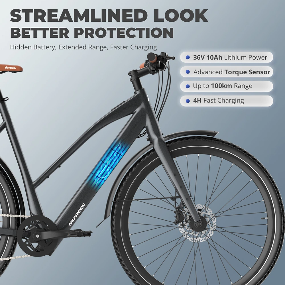 Fafrees F700W Electric Bike, 250W Motor, 36V 10Ah Battery, 700*42C Tires, 25km/h Max Speed, 100km Max Range, Hydraulic Disc Brakes, Torque Sensor, SHIMANO CUES 9-speed - Black