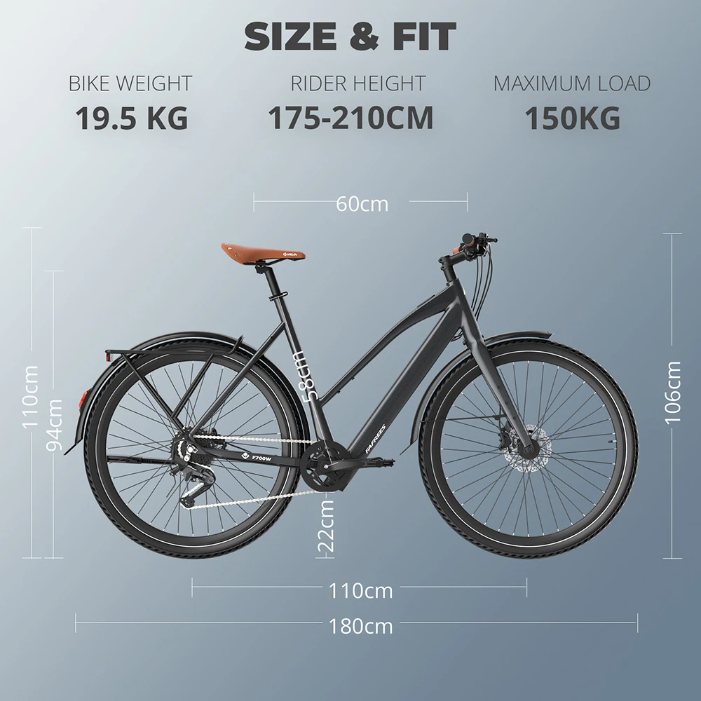 Fafrees F700W Electric Bike, 250W Motor, 36V 10Ah Battery, 700*42C Tires, 25km/h Max Speed, 100km Max Range, Hydraulic Disc Brakes, Torque Sensor, SHIMANO CUES 9-speed - Black