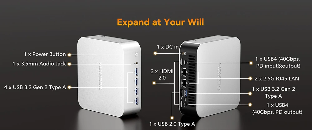 GEEKOM A8 Max AI Mini PC csatlakozási lehetőségek