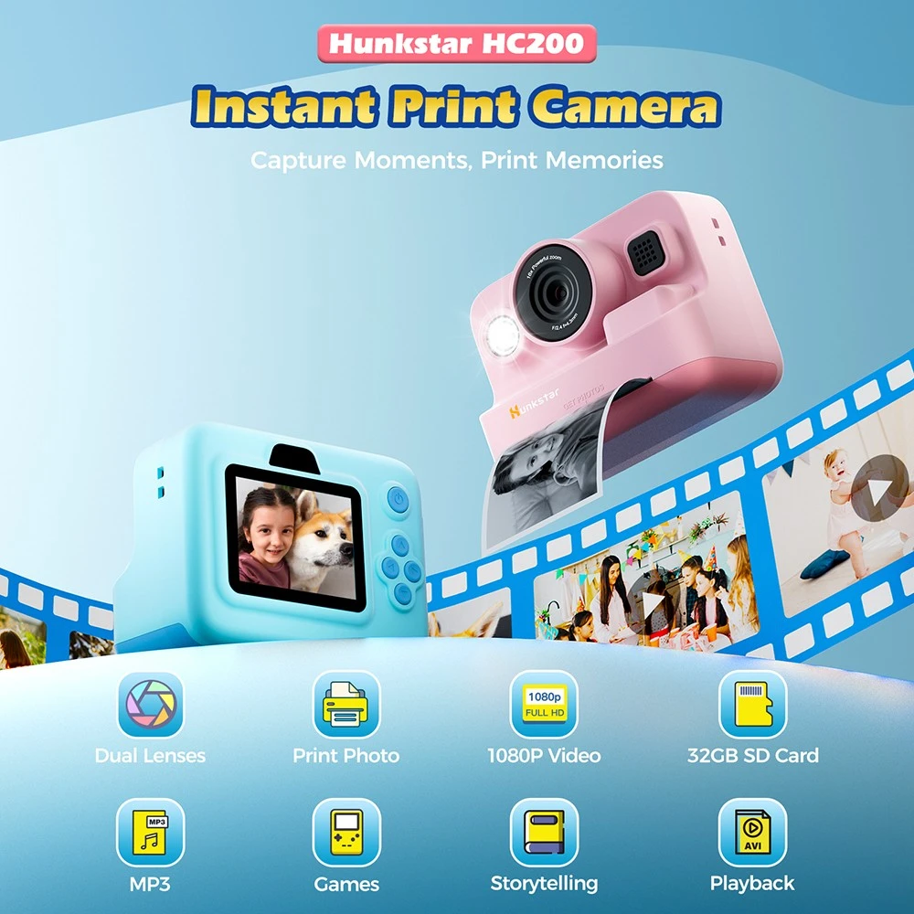 Hunkstar HC200 Instant Print Camera for Kids, with 32GB SD Card, Birthday Gifts for Girls Boys Age 3-12, HD Digital Video Cameras, Portable Toy, Pink