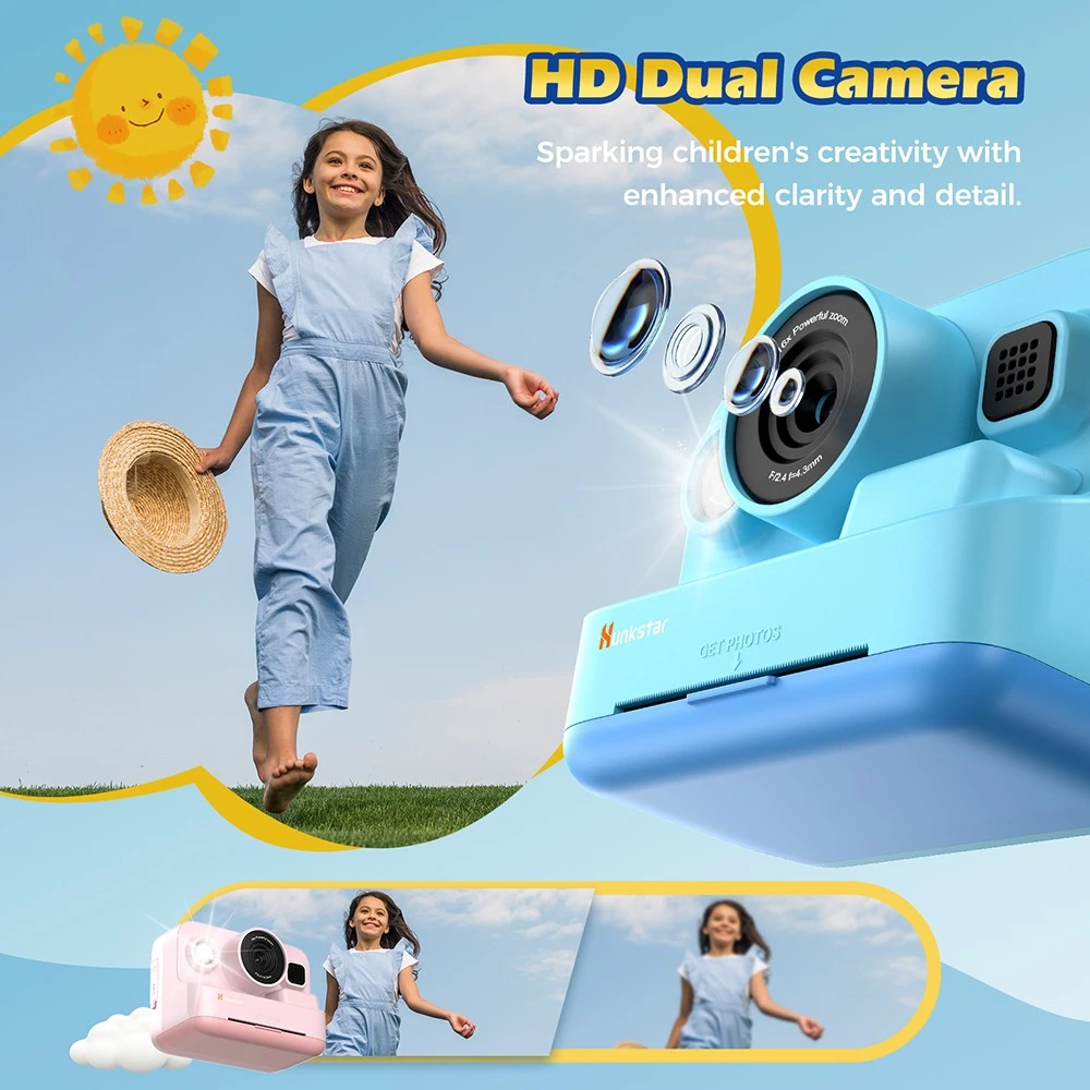 Hunkstar HC200 Instant Print Camera for Kids, with 32GB SD Card, Birthday Gifts for Girls Boys Age 3-12, HD Digital Video Cameras, Portable Toy, Pink