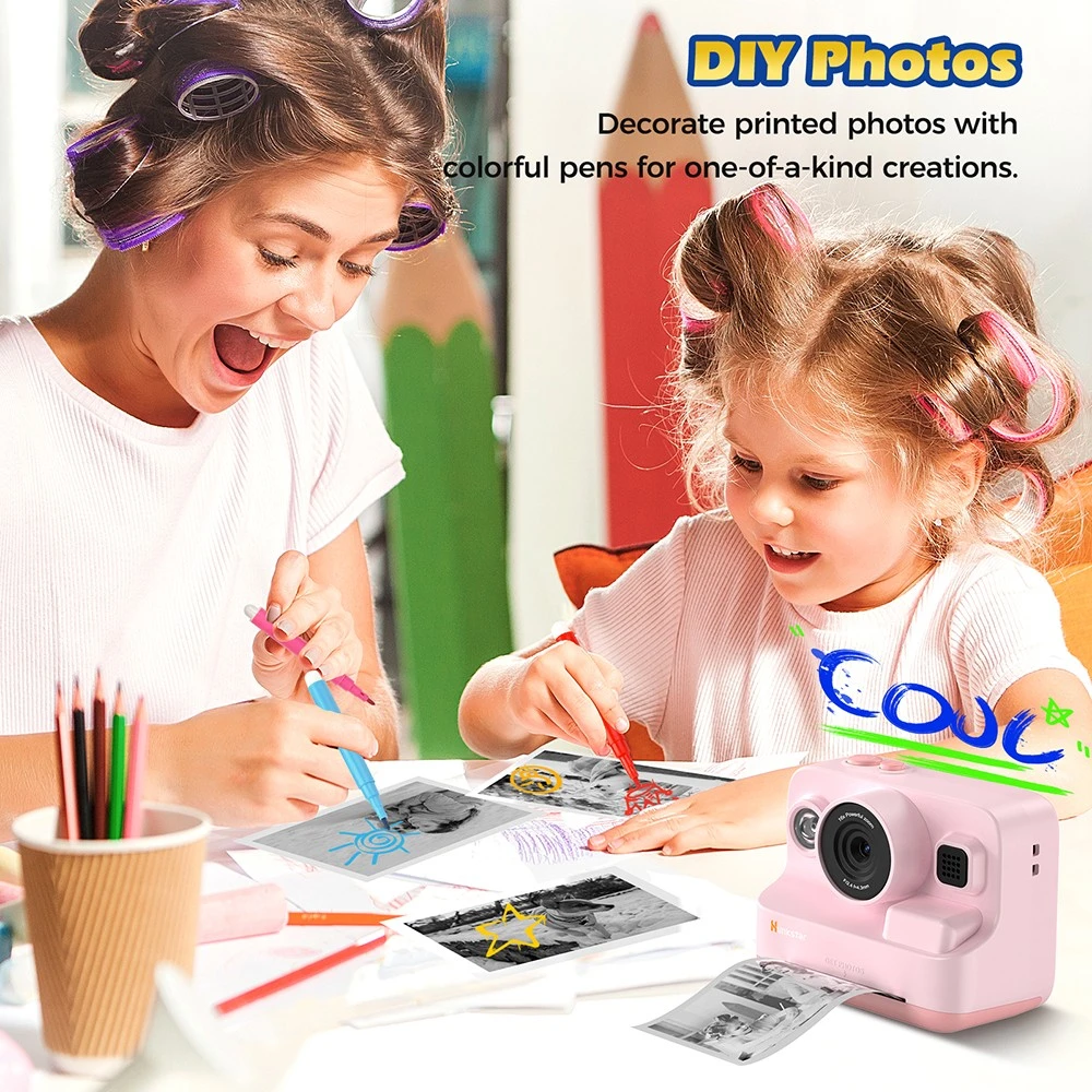 Hunkstar HC200 Instant Print Camera for Kids, with 32GB SD Card, Birthday Gifts for Girls Boys Age 3-12, HD Digital Video Cameras, Portable Toy, Pink