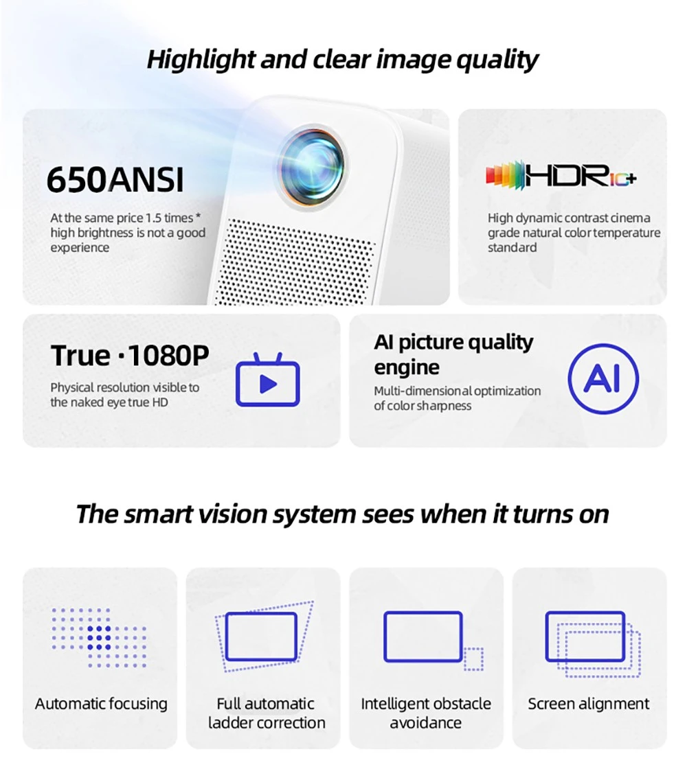 Projecteur Lenovo Xiaoxin 100S, 650 ANSI, 1080p, mise au point automatique, haut-parleurs 2x5 W, Wi-Fi 6, Bluetooth 5.0