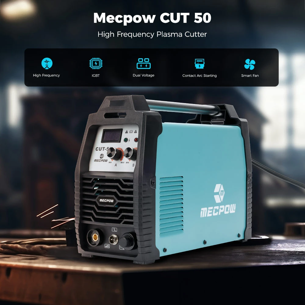 Mecpow CUT-50 Plasma Cutter, IGBT Inverter Technology, Dual Voltage 110V/220V, Contact Arc Starting, Smart Fan, Cuts 5-15mm Materials