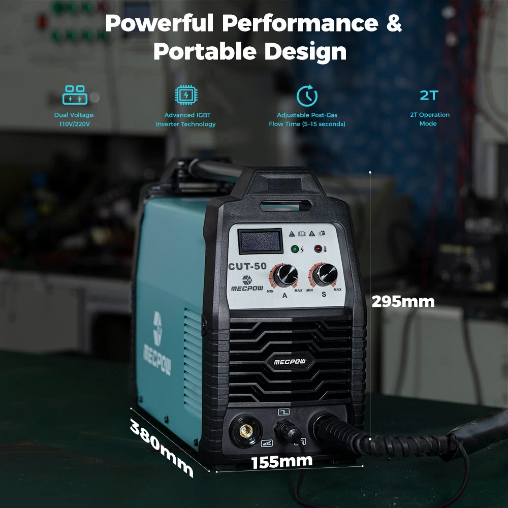 Mecpow CUT-50 Plasma Cutter, IGBT Inverter Technology, Dual Voltage 110V/220V, Contact Arc Starting, Smart Fan, Cuts 5-15mm Materials