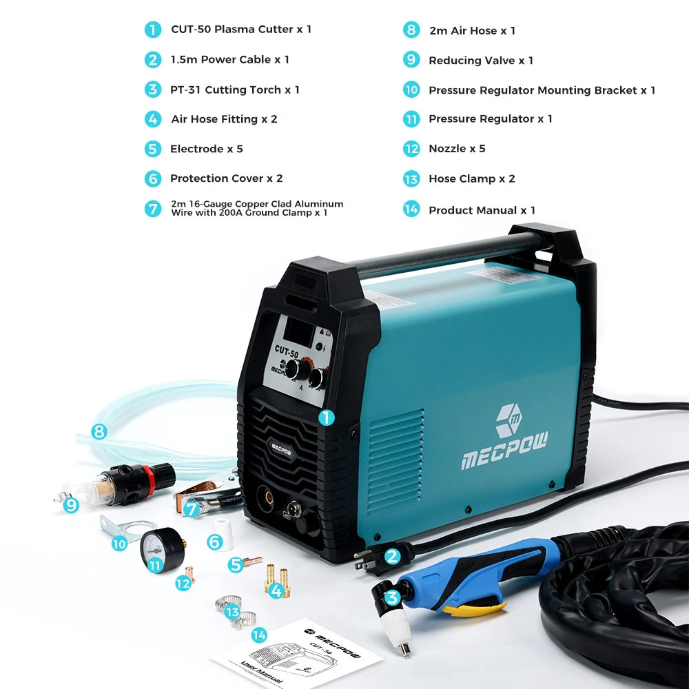 Mecpow CUT-50 Plasma Cutter, IGBT Inverter Technology, Dual Voltage 110V/220V, Contact Arc Starting, Smart Fan, Cuts 5-15mm Materials