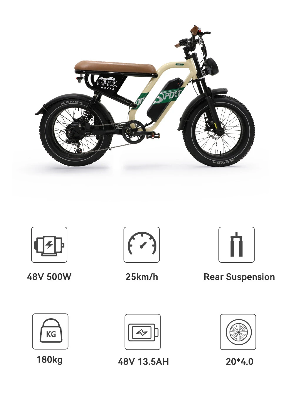 ONESPORT W66 Electric Bike, 500W Motor, 48V 13.5Ah Battery, 20*4.0 inch Tire, 25km/h Max Speed, 100km Range, Front & Rear Hydraulic Disc Brakes, Shock Absorbing Front Fork, 7-speed Transmission