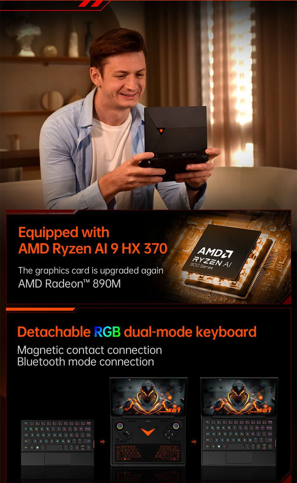 One Netbook OneXPlayer G1 Handheld Gaming PC, AMD Ryzen AI 9 HX 370 12 Cores Max 5.1GHz, 8.8'' 2560*1600 144Hz Screen, 64GB LPDDR5X 7500MHz RAM 2TB SSD, WiFi 6E, 2*USB-C, 1*USB3.2, 1*TF Card, 1* Oculink, 1*3.5mm Audio, Fingerprint Unlock - EU Plug