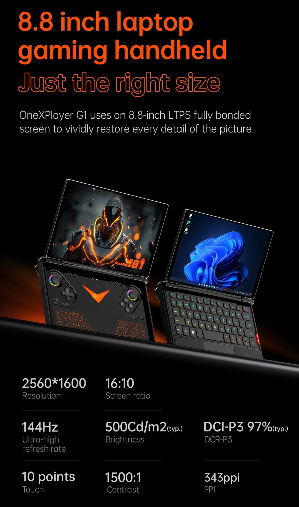 One Netbook OneXPlayer G1 Handheld Gaming PC, AMD Ryzen AI 9 HX 370 12 Cores Max 5.1GHz, 8.8'' 2560*1600 144Hz Screen, 64GB LPDDR5X 7500MHz RAM 2TB SSD, WiFi 6E, 2*USB-C, 1*USB3.2, 1*TF Card, 1* Oculink, 1*3.5mm Audio, Fingerprint Unlock - EU Plug