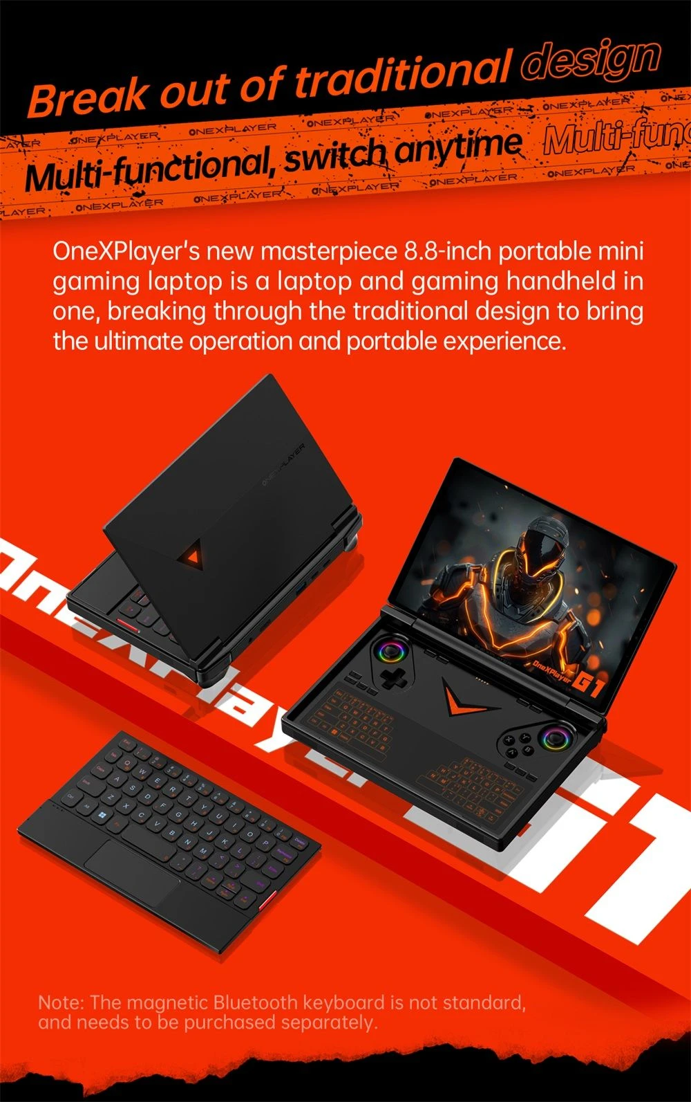 One Netbook OneXPlayer G1 Handheld Gaming PC, AMD Ryzen AI 9 HX 370 12 Cores Max 5.1GHz, 8.8'' 2560*1600 144Hz Screen, 64GB LPDDR5X 7500MHz RAM 2TB SSD, WiFi 6E, 2*USB-C, 1*USB3.2, 1*TF Card, 1* Oculink, 1*3.5mm Audio, Fingerprint Unlock - EU Plug