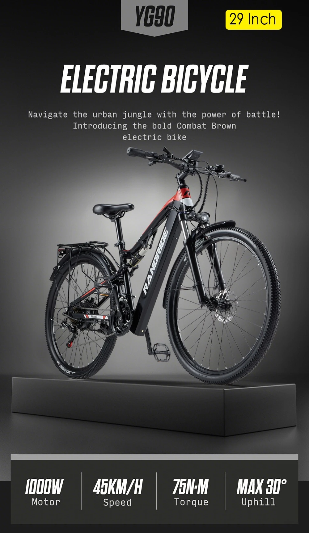 RANDRIDE YG90B-29 Electric Bike, 1000W Motor, 48V 17Ah Battery, 29*2.1 inch Tires, 45km/h Max Speed, 40-50km Range, Hydraulic Disc Brake, Rear Shock Absorber, Shimano 21-speed