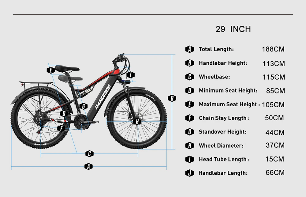 RANDRIDE YG90B-29 Electric Bike, 1000W Motor, 48V 17Ah Battery, 29*2.1 inch Tires, 45km/h Max Speed, 40-50km Range, Hydraulic Disc Brake, Rear Shock Absorber, Shimano 21-speed