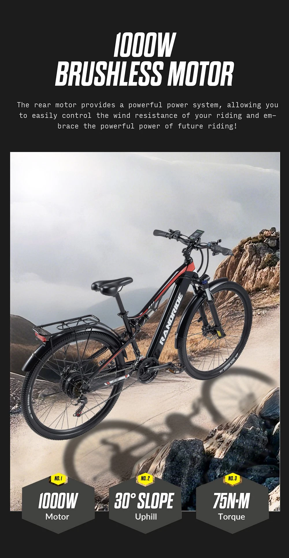 RANDRIDE YG90B-29 Electric Bike, 1000W Motor, 48V 17Ah Battery, 29*2.1 inch Tires, 45km/h Max Speed, 40-50km Range, Hydraulic Disc Brake, Rear Shock Absorber, Shimano 21-speed