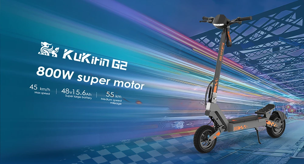Trottinette électrique pliable Kukirin G2 (version 2025) : moteur 800 W, batterie 48 V 15,6 Ah, pneus 10 pouces, vitesse maximale 45 km/h, autonomie 55 km, écran tactile, freins à disque, système d'éclairage 7 po, noir