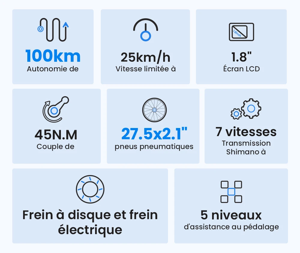 Touroll J1 ST Vélo de randonnée, 27,5 pouces, avec moteur 250 W, batterie 36 V 15,6 Ah, autonomie maximale de 100 km, écran LCD 1,8