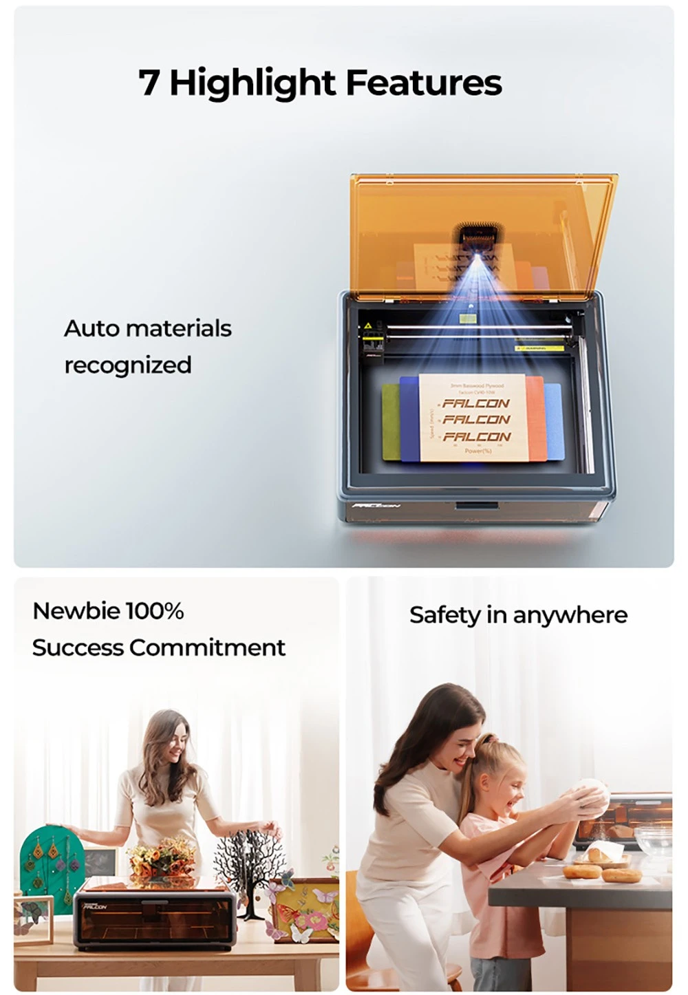 Laser Creality Falcon A1 10 W FDA classe 1, gravure rapide 600 mm/s, caméra intégrée, détection intelligente des matériaux, protection oculaire, spot comprimé 0,06 - 0,08 mm, ventilateur d'extraction, 305 x 381 mm