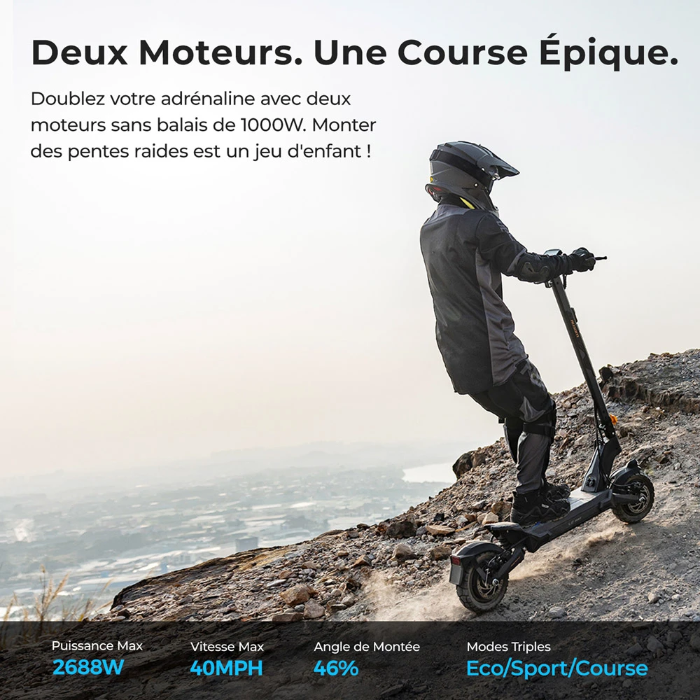 Ausom L2 Max Trottinette électrique, moteur 2 x 1 000 W, batterie 48 V 20,8 Ah, pneus 3 x 10 pouces, vitesse maximale 65 km/h, autonomie 90 km, freins à disque avant et arrière, suspension à bras oscillant, support AirTag dissimulé