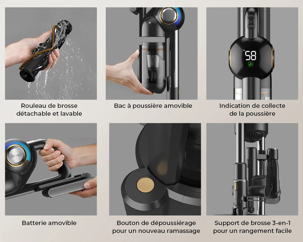 JIGOO V700 Aspirateur sans fil avec station d'aspiration de 2,5 L, vidage automatique de la poussière, puissance d'aspiration de 33 KPa, brosse anti-enchevêtrement, double éclairage LED, jusqu'à 55 minutes d'autonomie, idéal pour sols durs, tapis, an