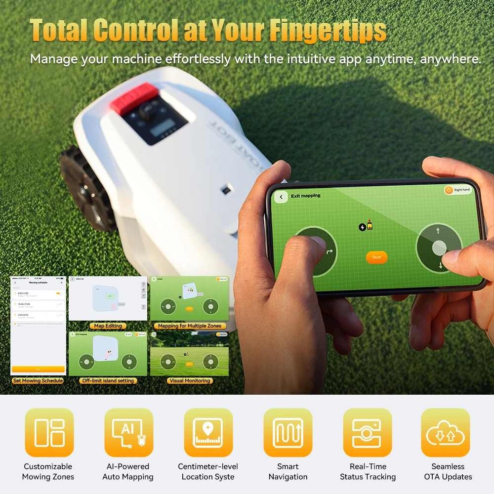 Goat Bot Unicut H1 M&auml;hroboter, kabellos, f&uuml;r bis zu 1500 m&sup2; gro&szlig;e Fl&auml;chen, kein Begrenzungskabel, RTK+VSLAM f&uuml;r pr&auml;zise Kartierung, KI-Hindernisvermeidung, automatische KI-Kartierung, APP-Steuerung, Mehrzonenverwaltung, IPX6 wasserdicht &ndash; Gelb