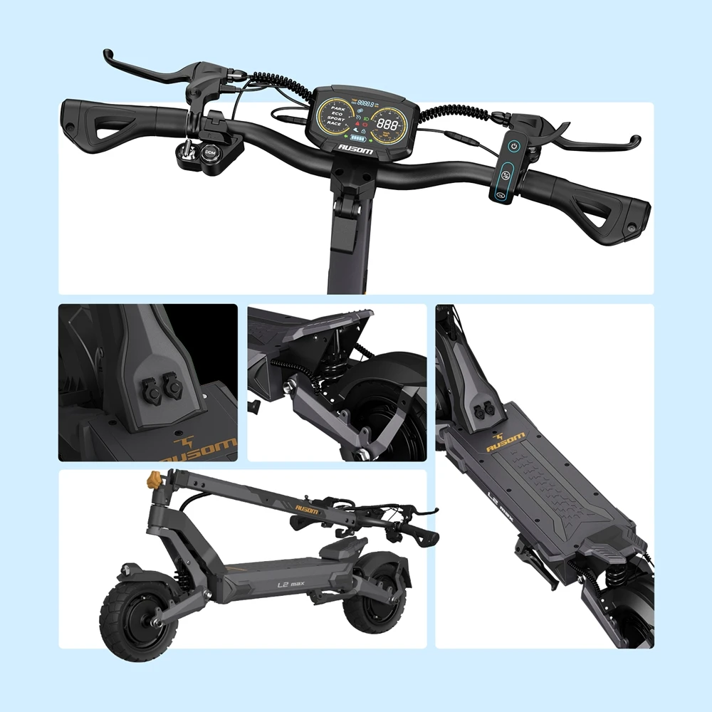 Ausom L2 Max Trottinette électrique, moteur 2 x 1 000 W, batterie 48 V 20,8 Ah, pneus 3 x 10 pouces, vitesse maximale 65 km/h, autonomie 90 km, freins à disque avant et arrière, suspension à bras oscillant, support AirTag dissimulé