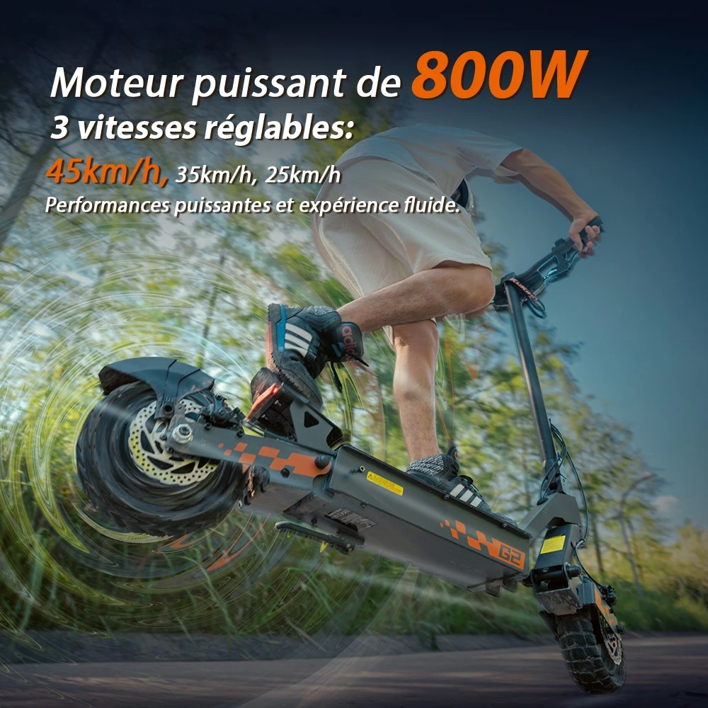 Kukirin G2 Mise à jour 2025 Trottinette électrique pliable , Moteur 800 W, Batterie 48 V 15 Ah, Pneu 10 pouces, Vitesse maximale 45 km/h, Autonomie 55 km, Écran tactile, Frein à disque, Système 7 lumières - Noir