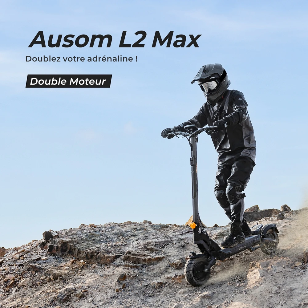 Ausom L2 Max Trottinette électrique, moteur 2 x 1 000 W, batterie 48 V 20,8 Ah, pneus 3 x 10 pouces, vitesse maximale 65 km/h, autonomie 90 km, freins à disque avant et arrière, suspension à bras oscillant, support AirTag dissimulé