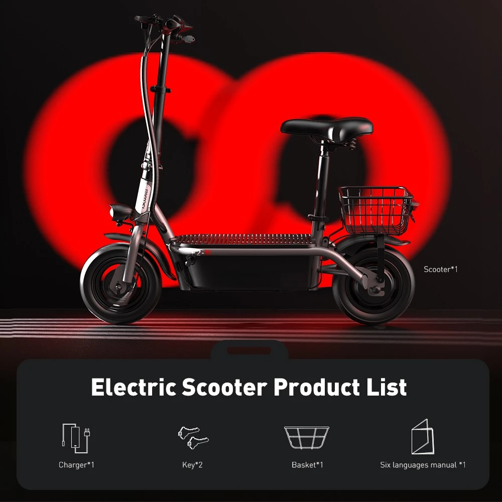iScooter F2 Electric Scooter with Seat & Rear Basket, 500W Motor, 36V 7.8Ah Battery, 10 inch Tires, 30km/h Max Speed, 30km Range, Front & Rear Drum Brakes, 120kg Max Load
