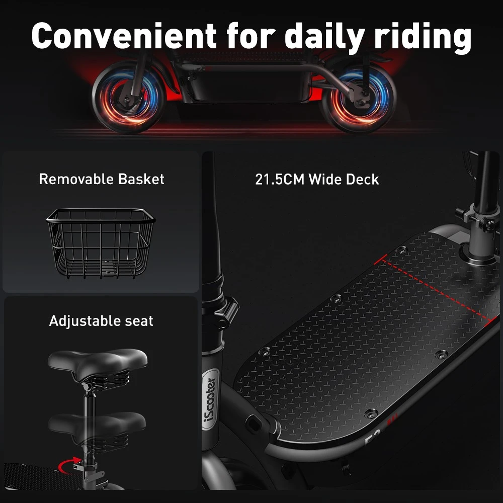 iScooter F2 Electric Scooter with Seat & Rear Basket, 500W Motor, 36V 7.8Ah Battery, 10 inch Tires, 30km/h Max Speed, 30km Range, Front & Rear Drum Brakes, 120kg Max Load
