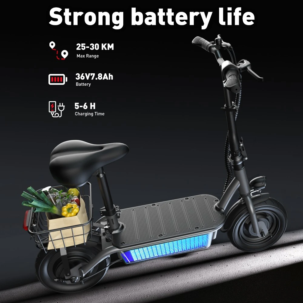 iScooter F2 Electric Scooter with Seat & Rear Basket, 500W Motor, 36V 7.8Ah Battery, 10 inch Tires, 30km/h Max Speed, 30km Range, Front & Rear Drum Brakes, 120kg Max Load