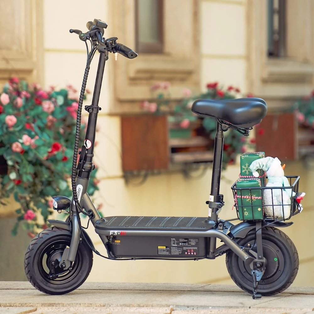 iScooter F2 Electric Scooter with Seat & Rear Basket, 500W Motor, 36V 7.8Ah Battery, 10 inch Tires, 30km/h Max Speed, 30km Range, Front & Rear Drum Brakes, 120kg Max Load