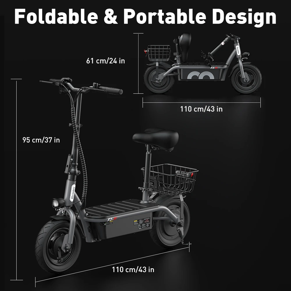 iScooter F2 Electric Scooter with Seat & Rear Basket, 500W Motor, 36V 7.8Ah Battery, 10 inch Tires, 30km/h Max Speed, 30km Range, Front & Rear Drum Brakes, 120kg Max Load