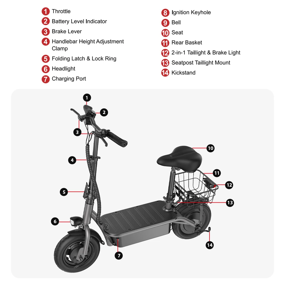 iScooter F2 Electric Scooter with Seat & Rear Basket, 500W Motor, 36V 7.8Ah Battery, 10 inch Tires, 30km/h Max Speed, 30km Range, Front & Rear Drum Brakes, 120kg Max Load