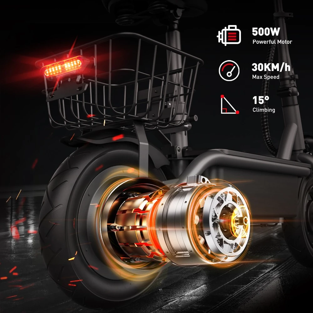 iScooter F2 Electric Scooter with Seat & Rear Basket, 500W Motor, 36V 7.8Ah Battery, 10 inch Tires, 30km/h Max Speed, 30km Range, Front & Rear Drum Brakes, 120kg Max Load