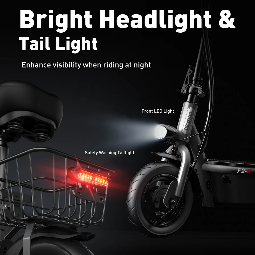 iScooter F2 Electric Scooter with Seat & Rear Basket, 500W Motor, 36V 7.8Ah Battery, 10 inch Tires, 30km/h Max Speed, 30km Range, Front & Rear Drum Brakes, 120kg Max Load