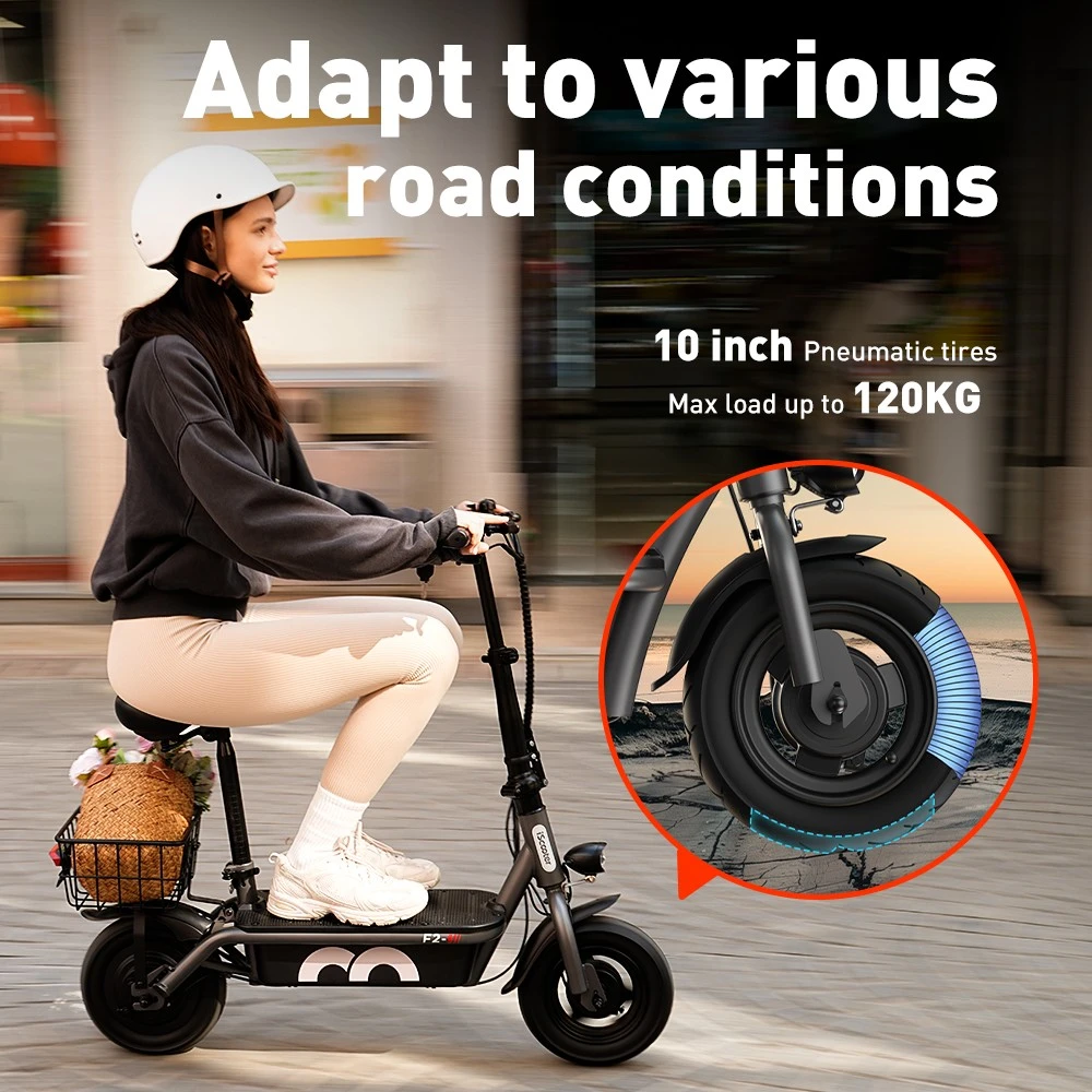 iScooter F2 Electric Scooter with Seat & Rear Basket, 500W Motor, 36V 7.8Ah Battery, 10 inch Tires, 30km/h Max Speed, 30km Range, Front & Rear Drum Brakes, 120kg Max Load