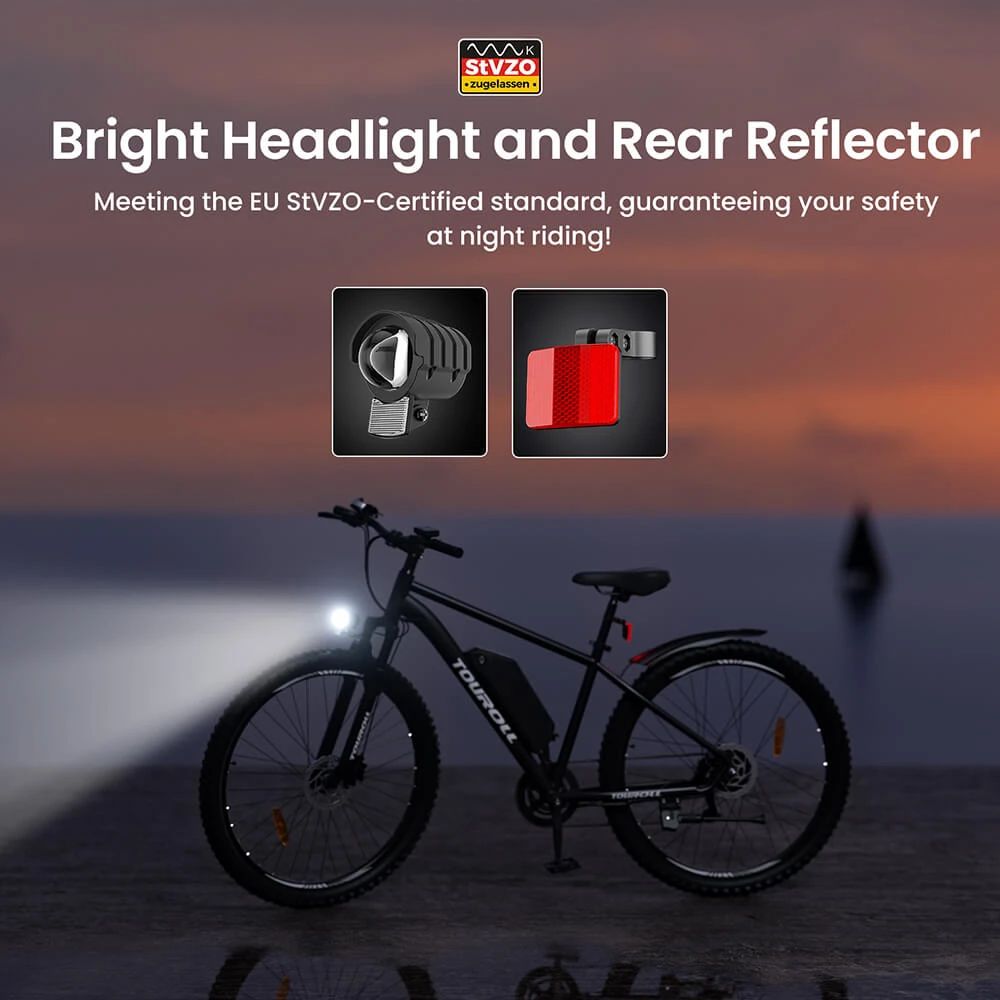Bici elettrica Touroll U2, motore da 250 W, batteria da 48 V 15 Ah, pneumatici da 29 pollici, autonomia 150 km, freno a disco idraulico, forcella ammortizzata, cambio Shimano a 7 velocità.