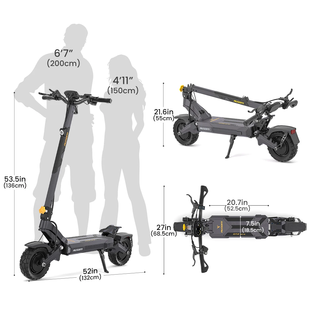 Trotinetă electrică Ausom DT2 Pro, 2 motoare de 1100 W, 52 V 23,4 Ah, anvelope de 10 x 3,0 inch, viteză maximă de 68 km/h, autonomie maximă de 115 km, frâne hidraulice cu disc față și spate, suspensie cu braț oscilant