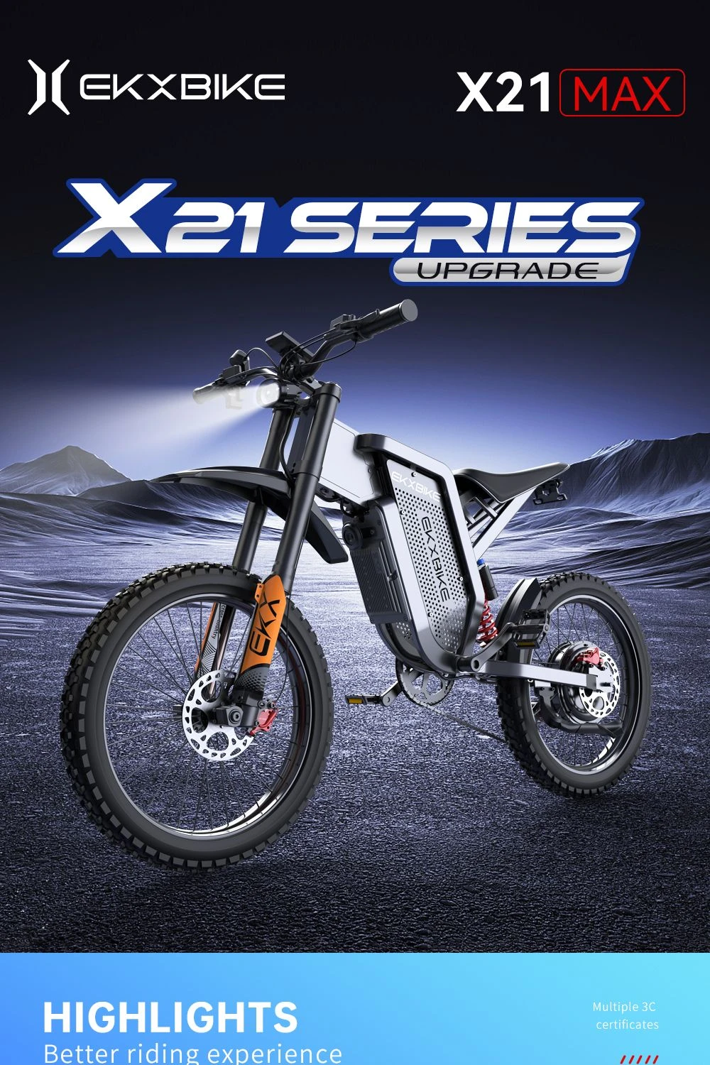 EKXBIKE X21 Max elektromos kerékpár, 3000 W-os motor, 60 V-os 30 Ah-s akkumulátor, 19*2 hüvelykes MTB gumiabroncs, 85 km/h maximális sebesség, 90 km-es hatótávolság, hidraulikus fékek, hidraulikus lengéscsillapító, Shimano 7 sebességes váltó, LCD kijelző